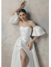 Strapless Ivory Satin Lace Wedding Dress With Detachable Sleeves